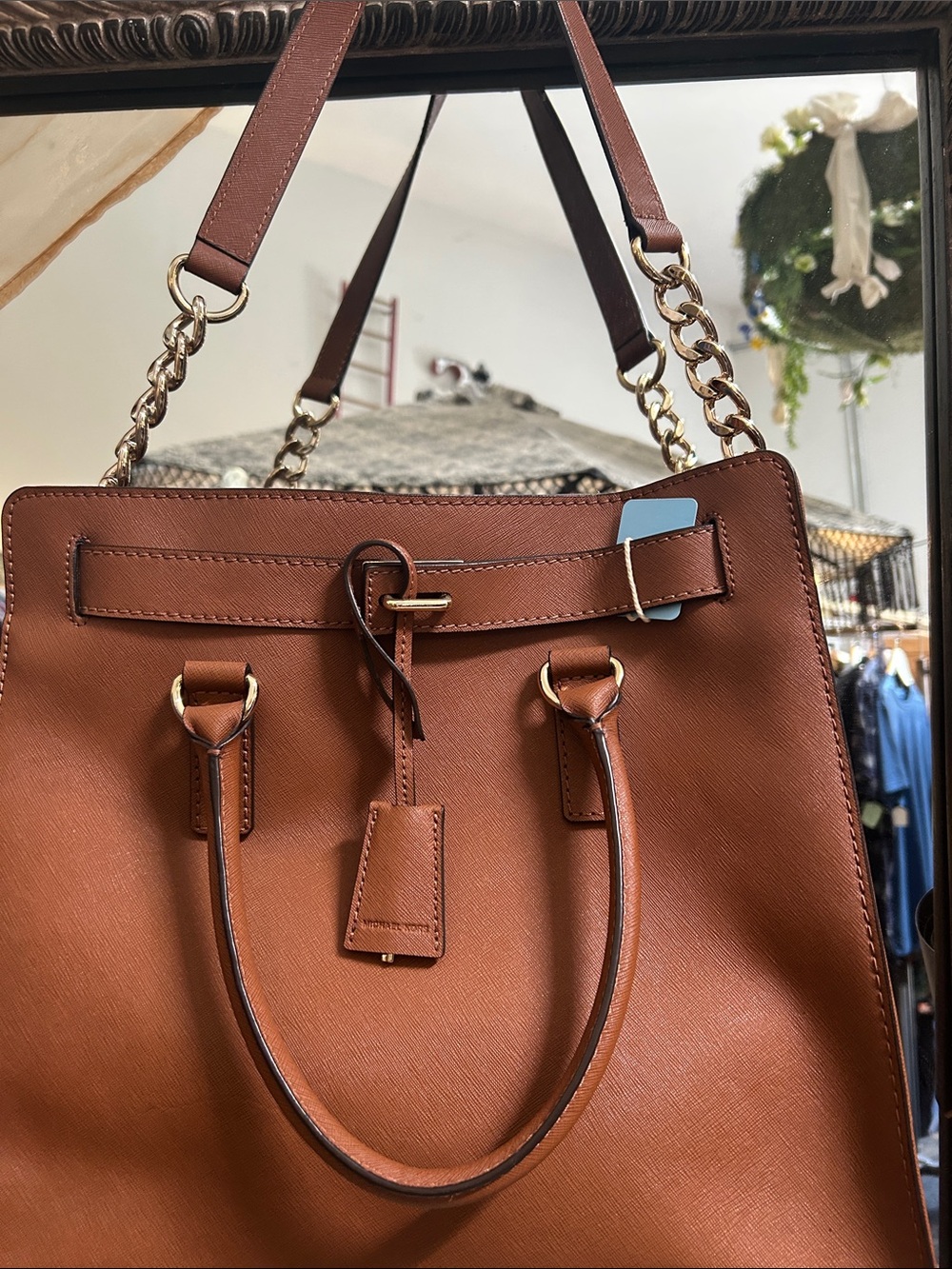 Michael Kors Tan/Brown Leather Satchel with Gold Chains perfect inside and out